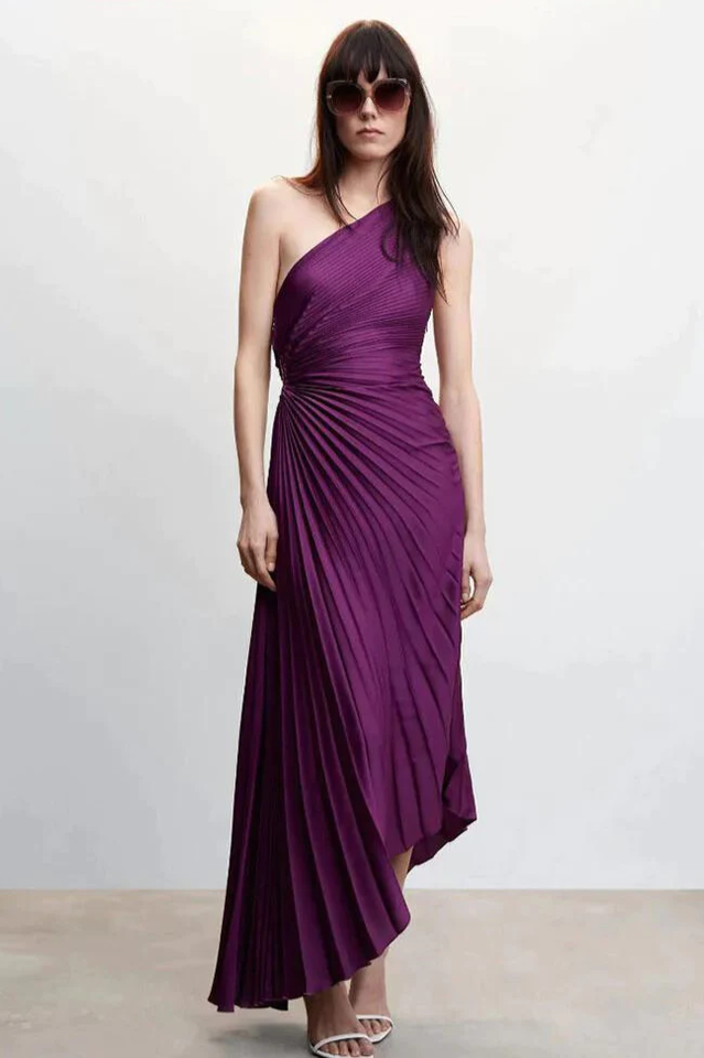 Fashion One Shoulder Pleated Satin Dress