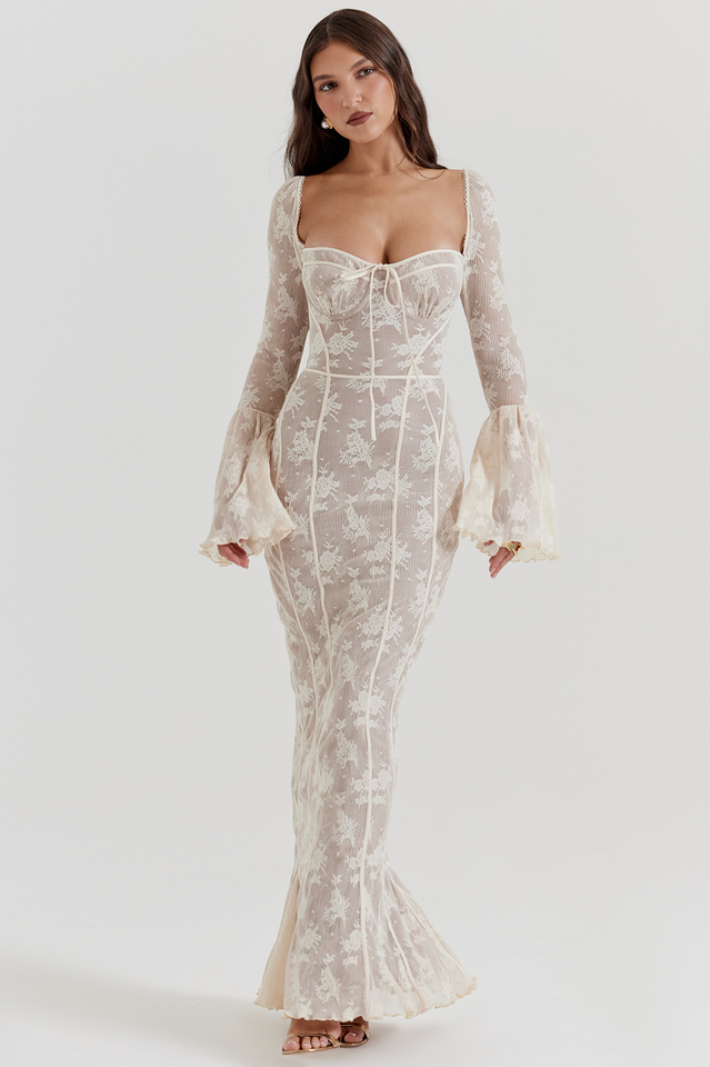 Beige Crochet Lace Maxi Dress