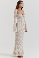 Beige Crochet Lace Maxi Dress