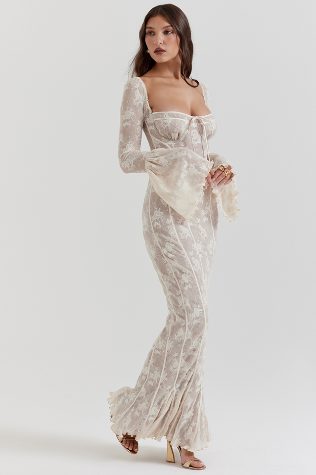 Beige Crochet Lace Maxi Dress