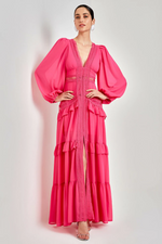 Glam Long Sleeve Ruffle Trim Maxi Dress