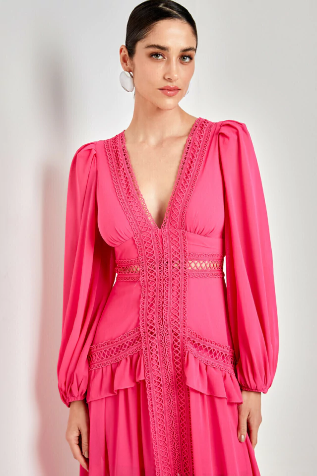 Glam Long Sleeve Ruffle Trim Maxi Dress