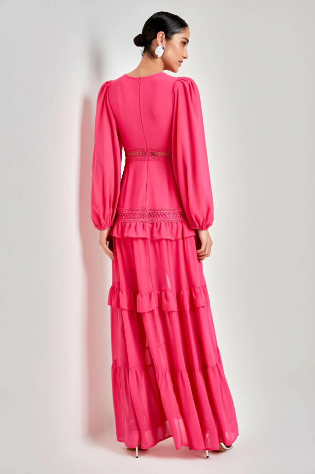 Glam Long Sleeve Ruffle Trim Maxi Dress