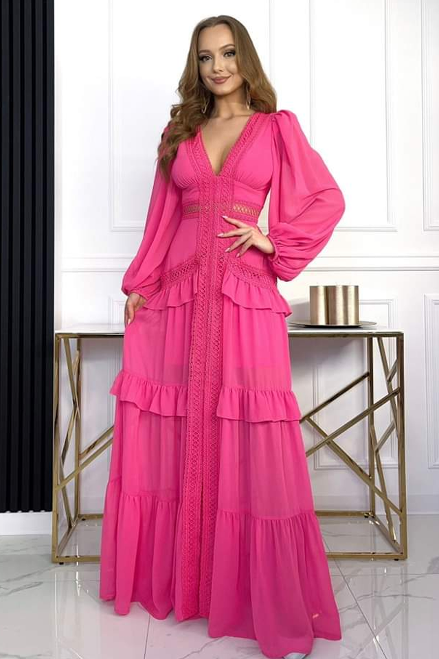 Glam Long Sleeve Ruffle Trim Maxi Dress