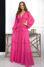Glam Long Sleeve Ruffle Trim Maxi Dress
