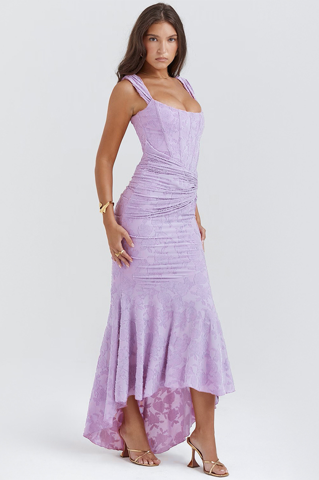 Retro Textured Surface Ruched Maxi Dress