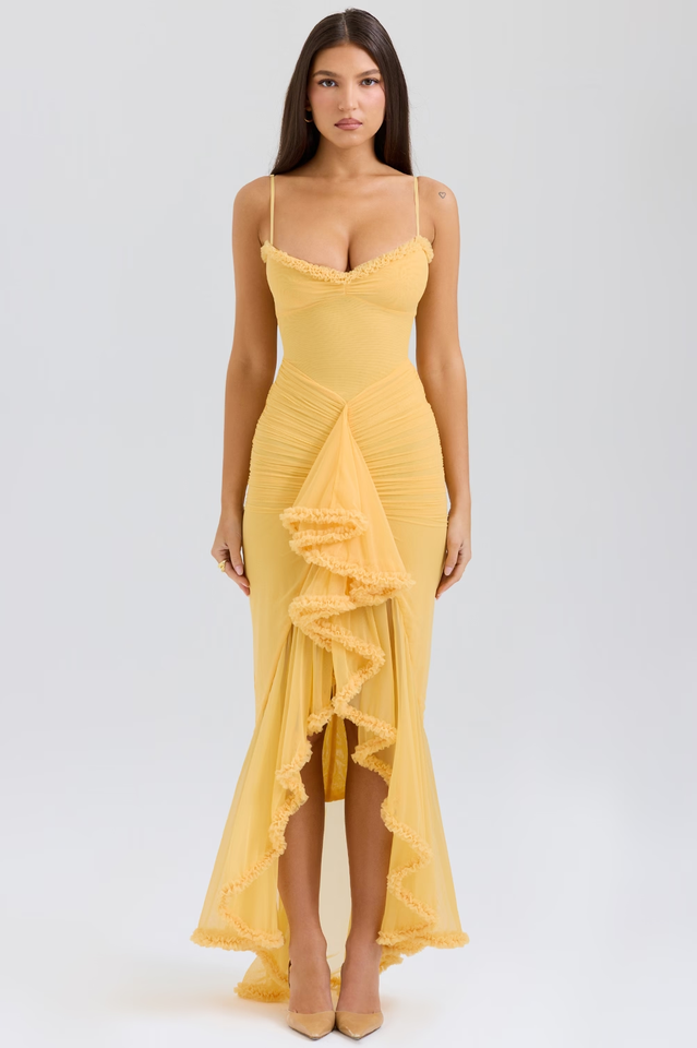 Glam Ruffled Front Ruched Gown