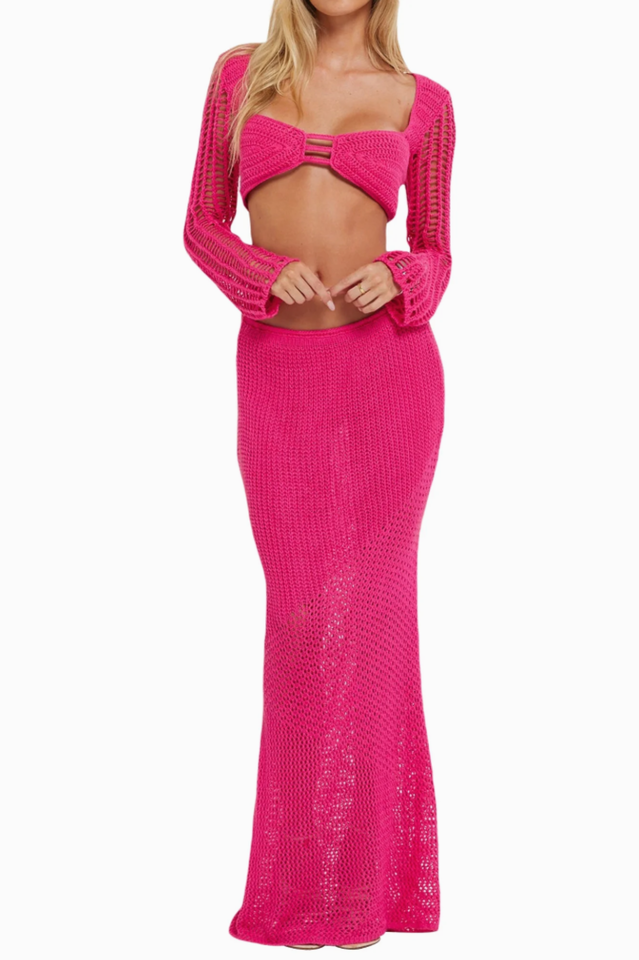 Crochet Knit Top and Maxi Skirt Matching Set
