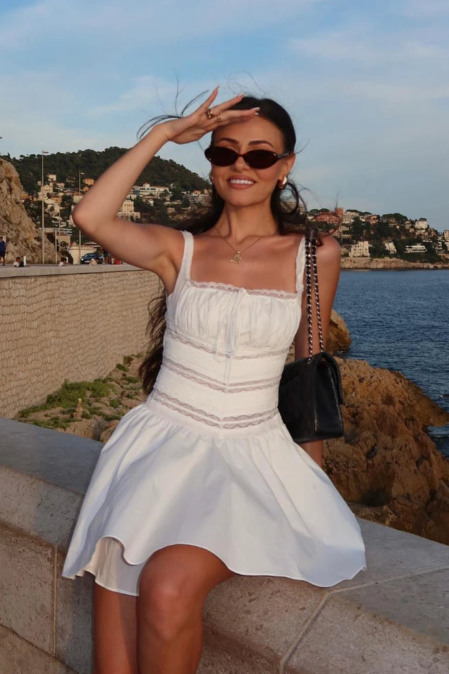 White Square Neckline Lace Mini Dress