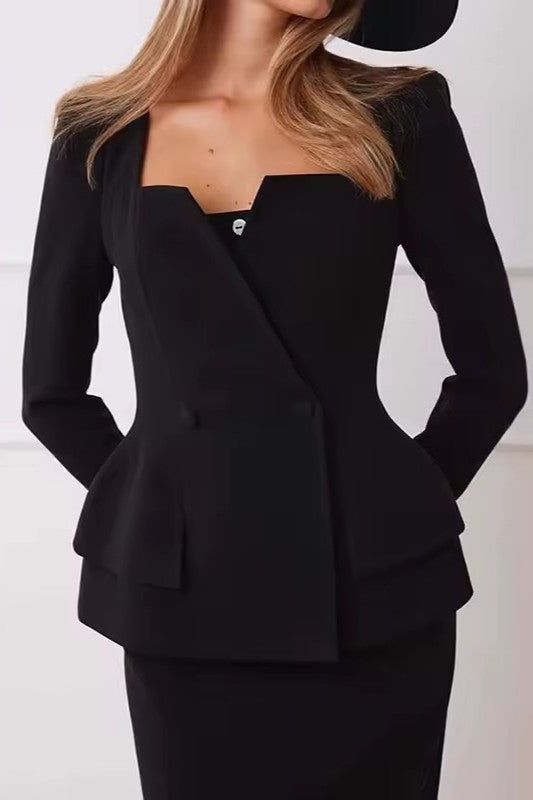 Square Neckline Blazer and Skirt Two-Piece Set