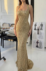 Golden Sequined Halter Neck Maxi dress