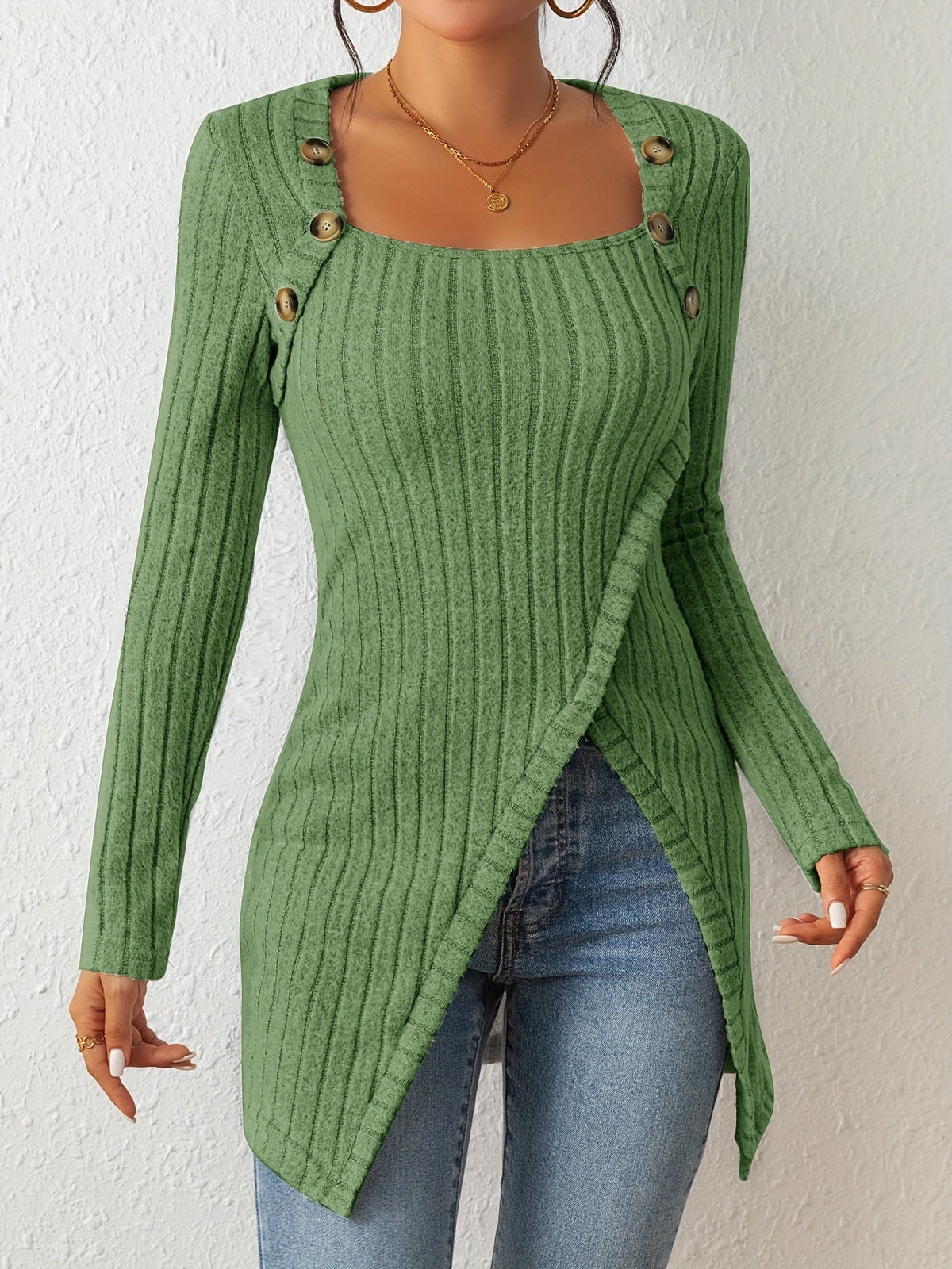 Button Trim Ribbed Knit Sweater