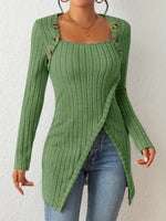 Button Trim Ribbed Knit Sweater