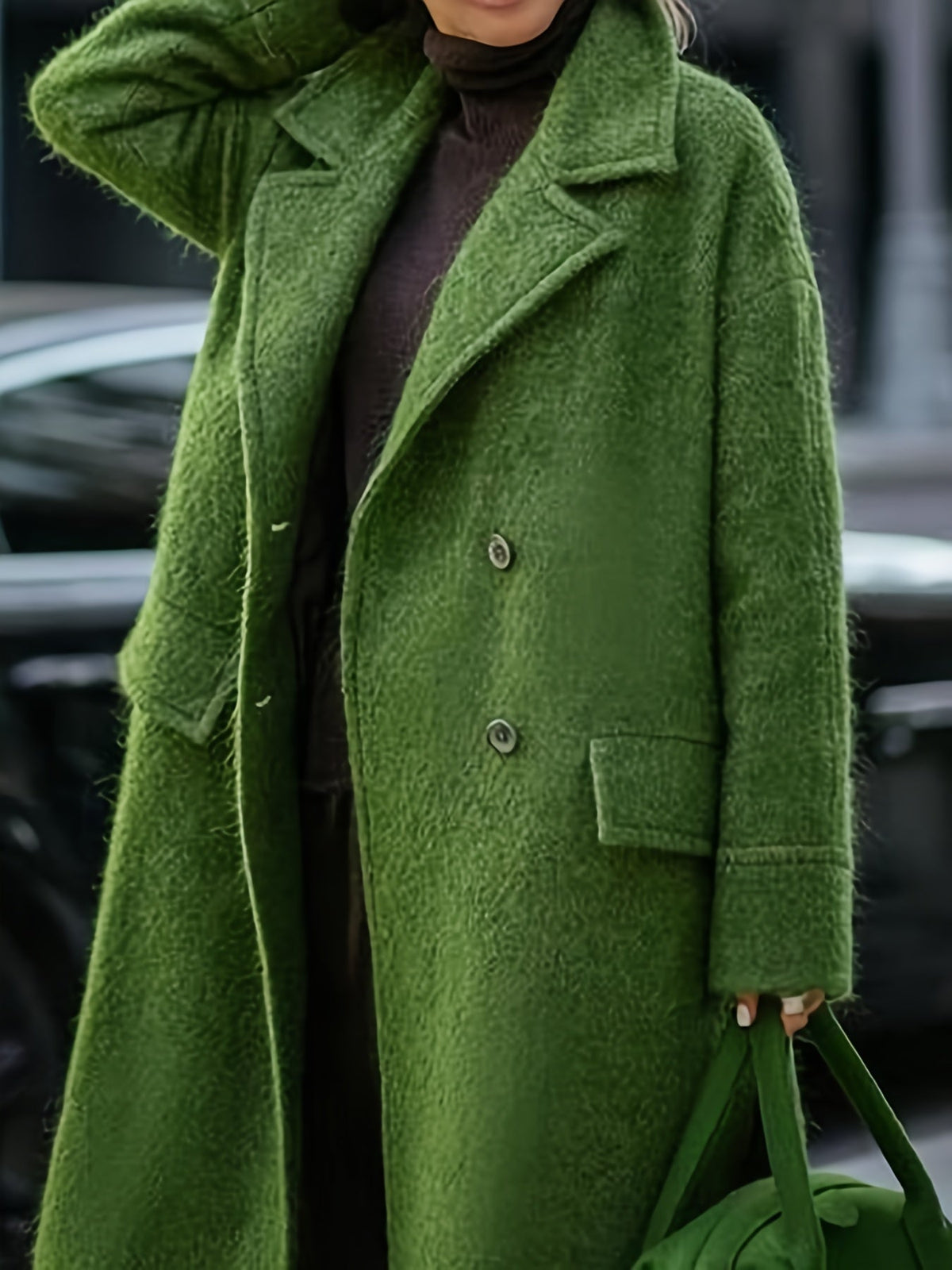 Elegant Green Long Woolen Coat