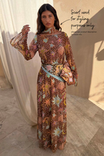 Brown Star Print Long Sleeves Maxi Dress