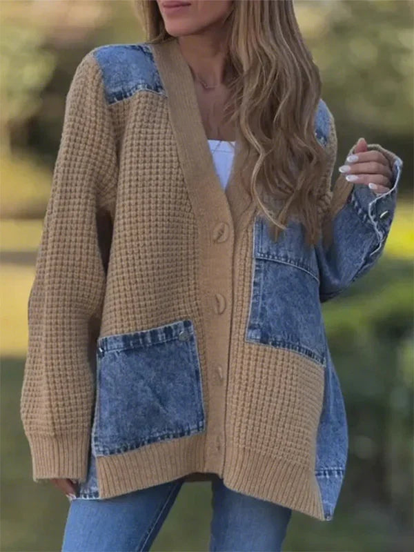 Slouchy Denim Patchwork Knitted Cardigan Jacket
