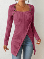 Ribbed Knit Asymmetrical Hem T-Shirt