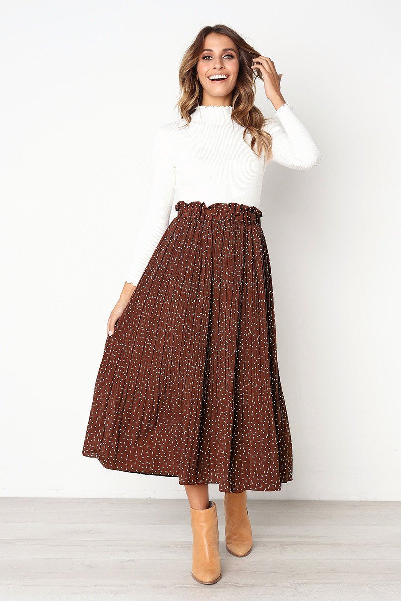 Elastic Waistband Dotted Print Midi Skirt