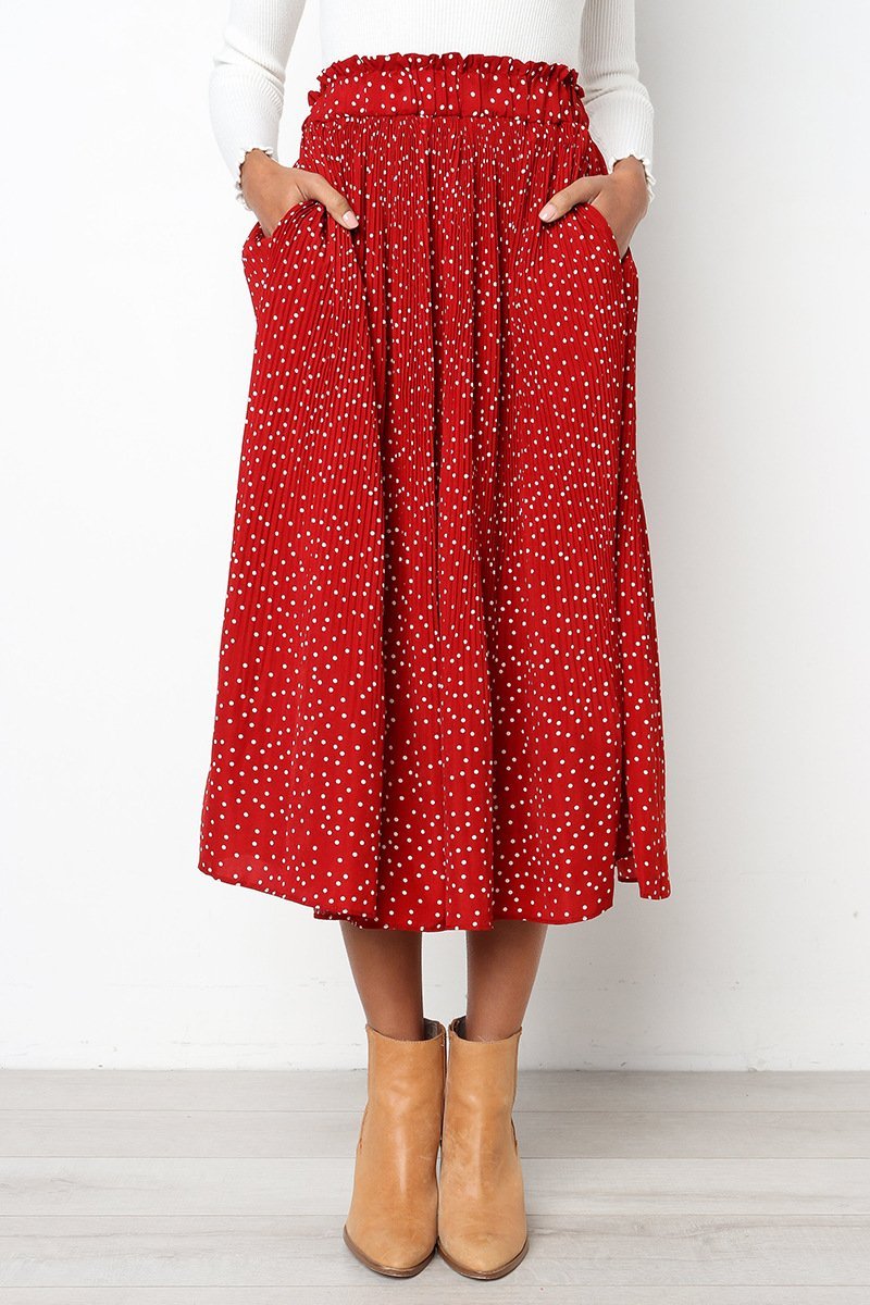 Elastic Waistband Dotted Print Midi Skirt