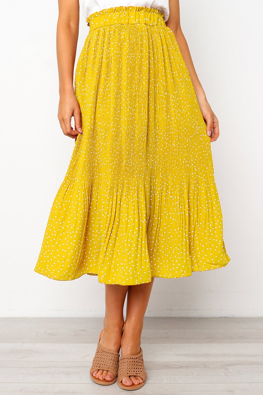 Elastic Waistband Dotted Print Midi Skirt