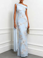 Elegant Blue Embroidered Floral Maxi Dress
