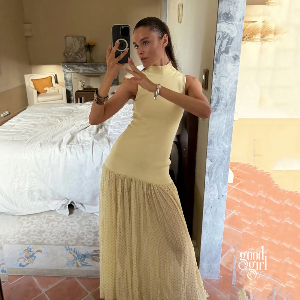 Yellow Polka Dot Paneled Maxi Dress