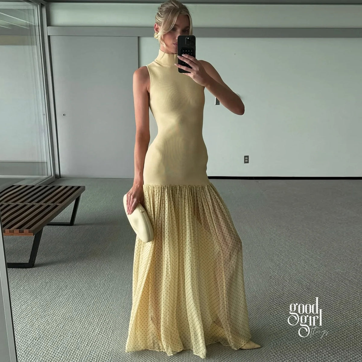 Yellow Polka Dot Paneled Maxi Dress