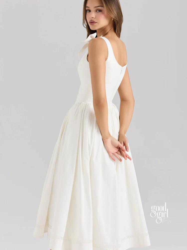 White Bow Detail Midi Dress