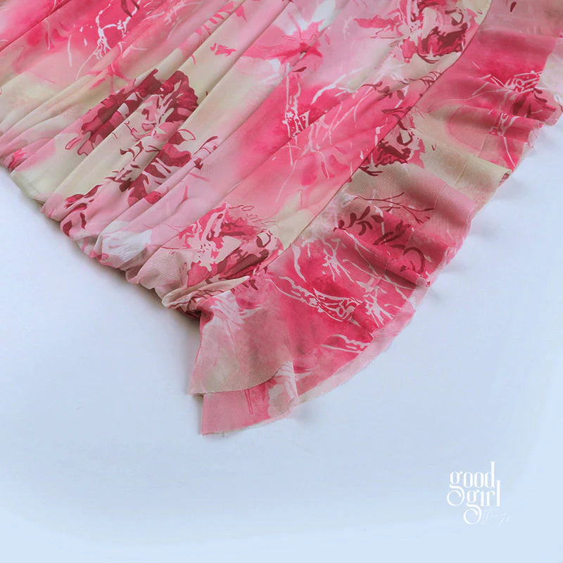 Pink Rose Print Backless Mini Dress