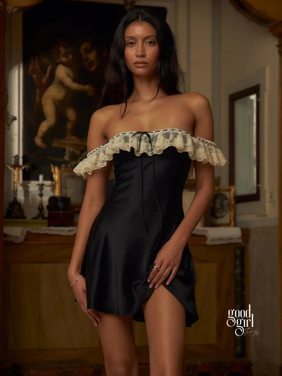 Black Off-Shoulder Lace Mini Dress