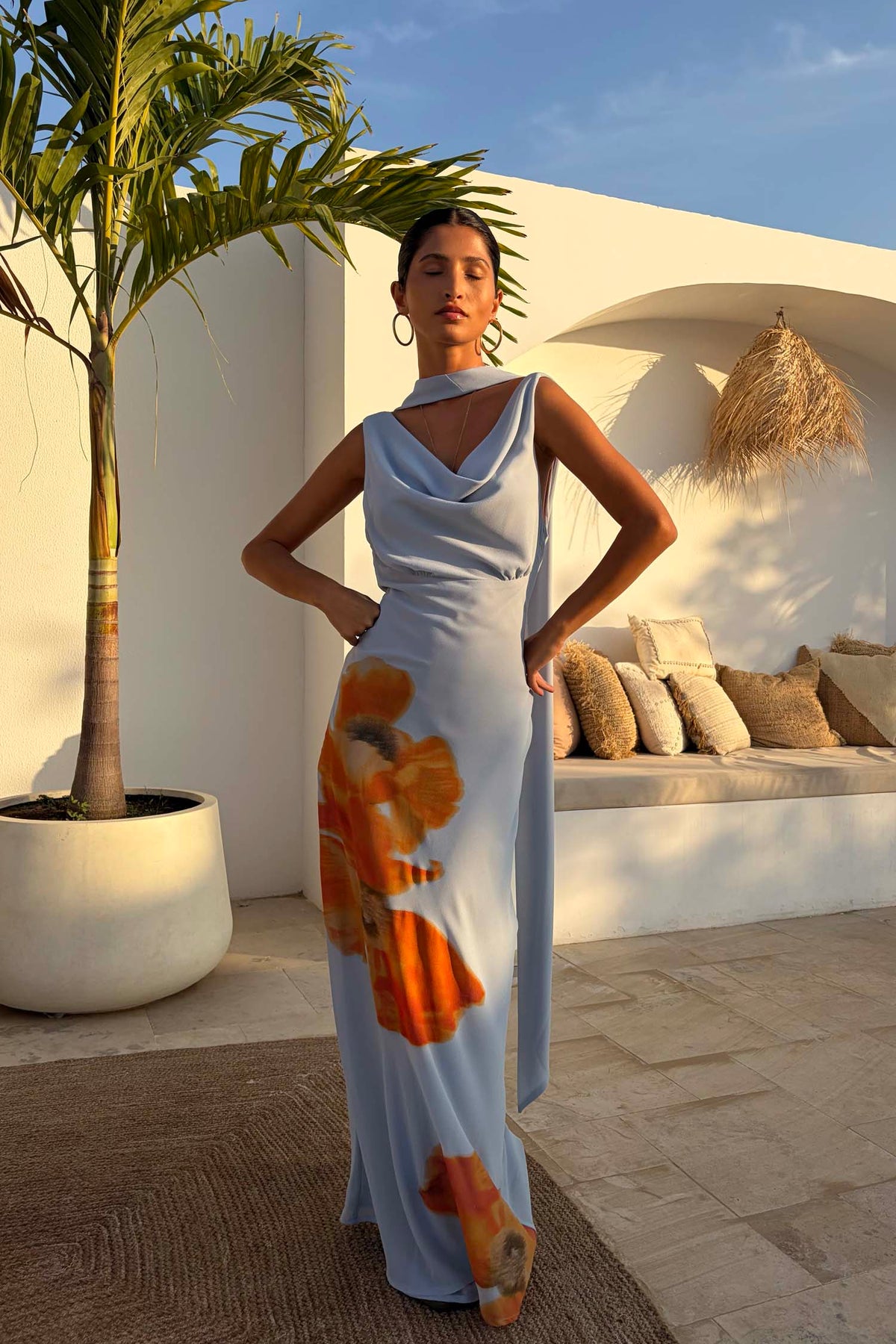 Ice Blue Floral Halter Maxi Dress