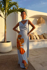 Ice Blue Floral Halter Maxi Dress