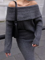 Deep Grey Off Shoulder Knit Skirt Set