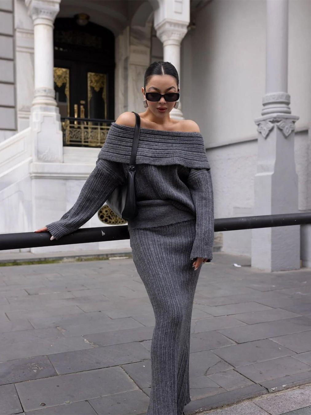 Deep Grey Off Shoulder Knit Skirt Set