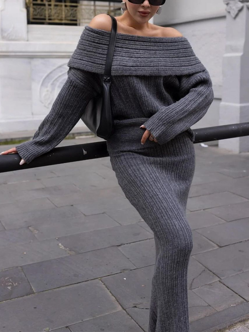 Deep Grey Off Shoulder Knit Skirt Set