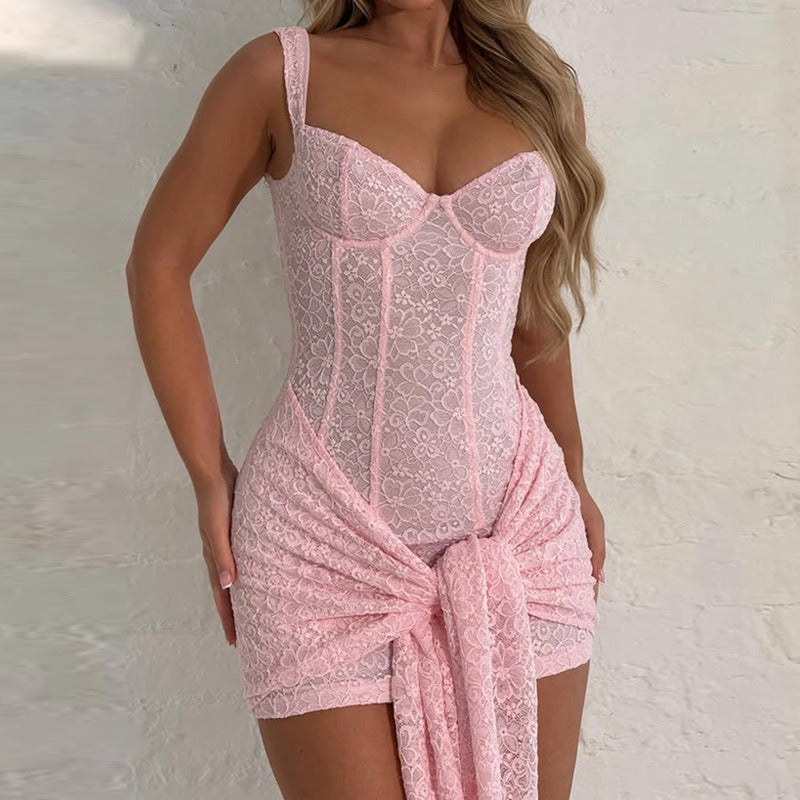 Crochet Lace Self-Tie Mini Dress