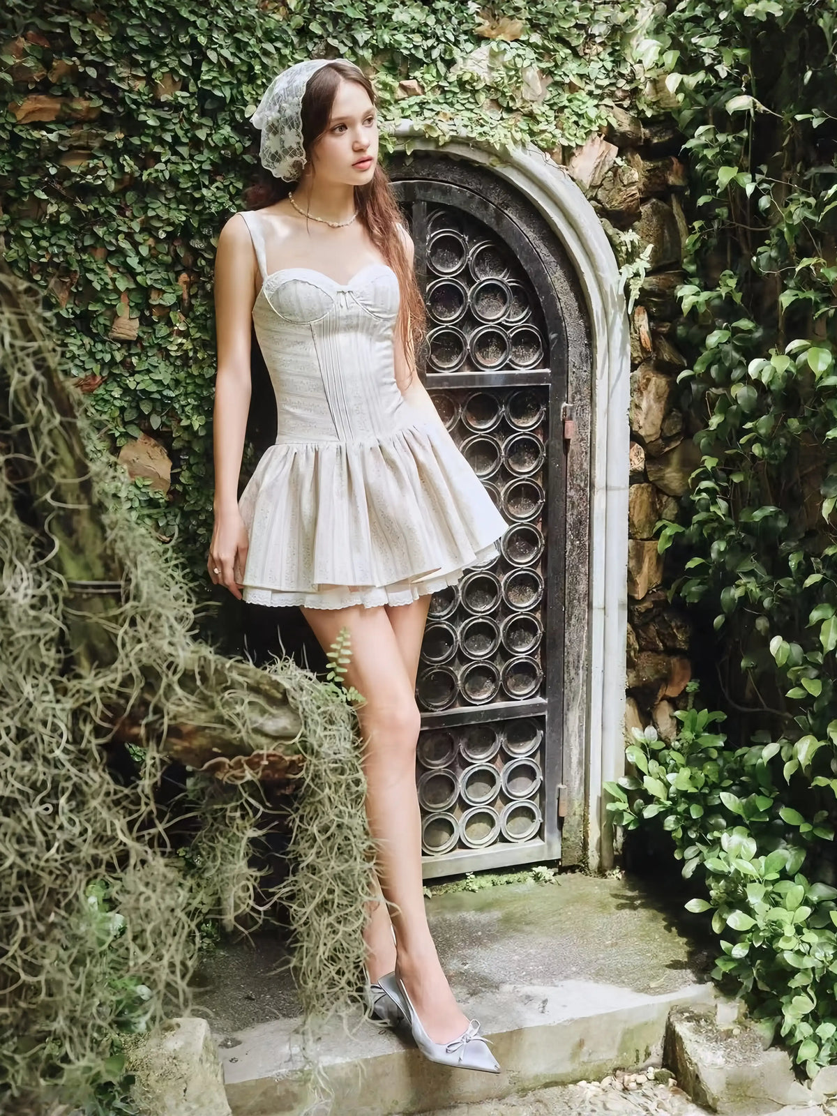 Beige Corset Pleated Mini Dress