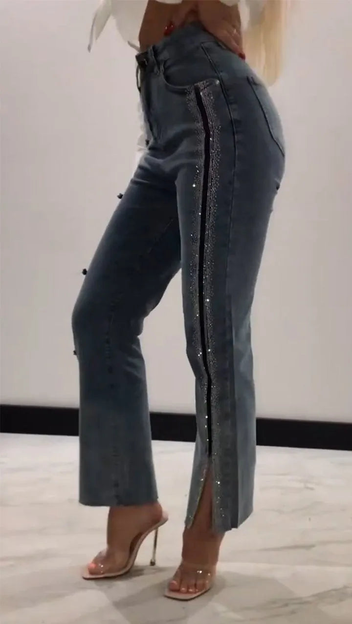 Blue Side Sequined Trim Denim Jeans