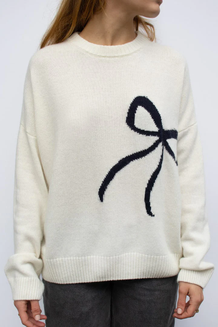 Beige Bow Knit Sweater