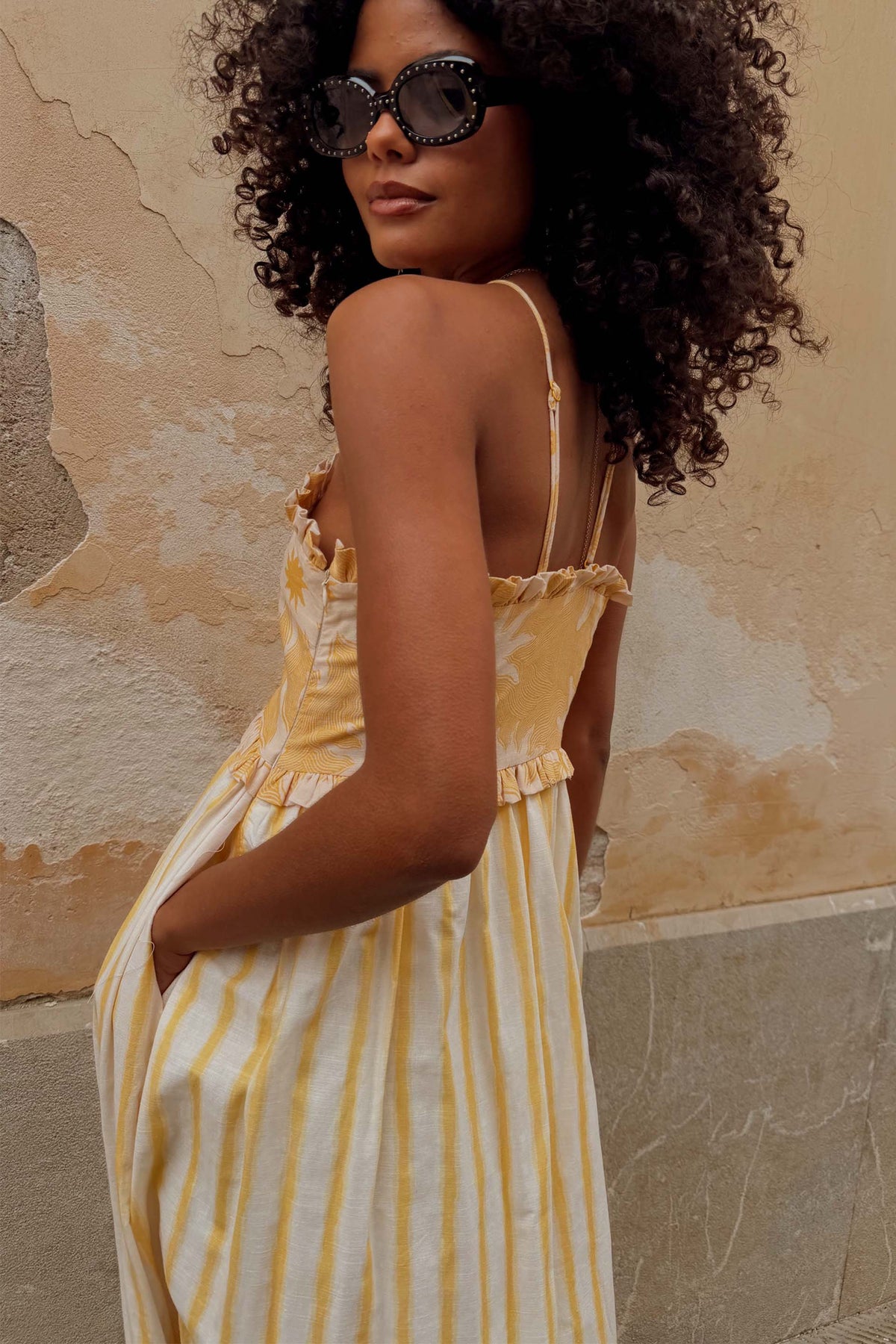 Yellow Stripe Halter Midi Dress