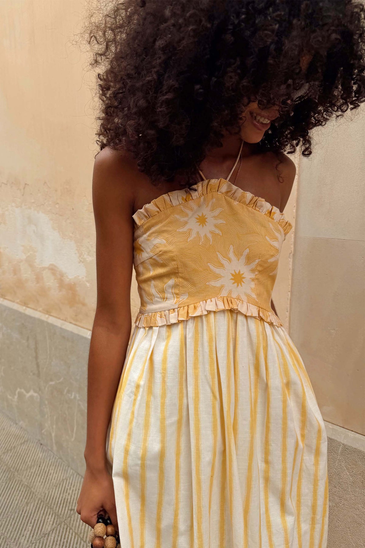 Yellow Stripe Halter Midi Dress