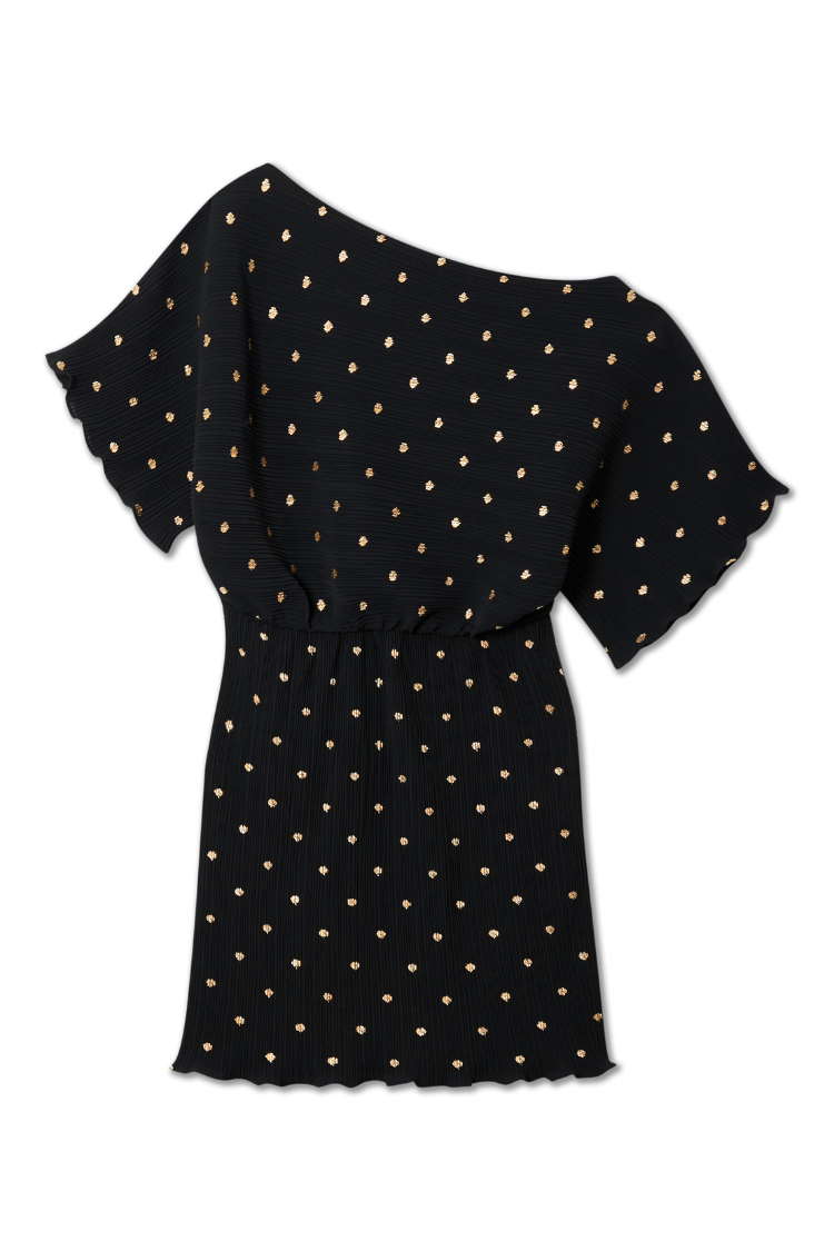 Black Dotted Print One Shoulder Mini Dress