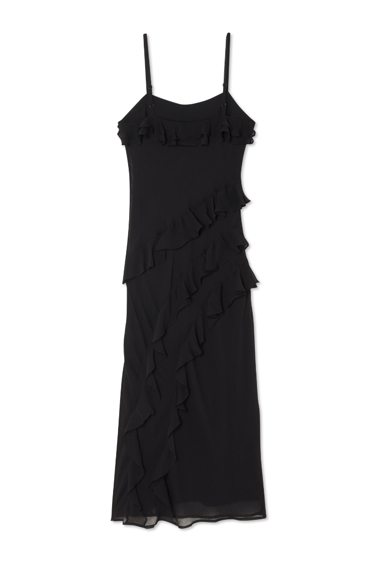 Black Flounced Slip Midi Dress