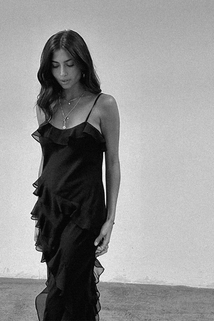 Black Flounced Slip Midi Dress