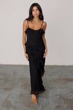 Black Flounced Slip Midi Dress