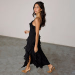Black Flounced Slip Midi Dress
