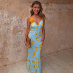 Blue Yellow Poppy Maxi Dress