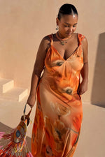 Orange Floral Sleeveless Midi Dress