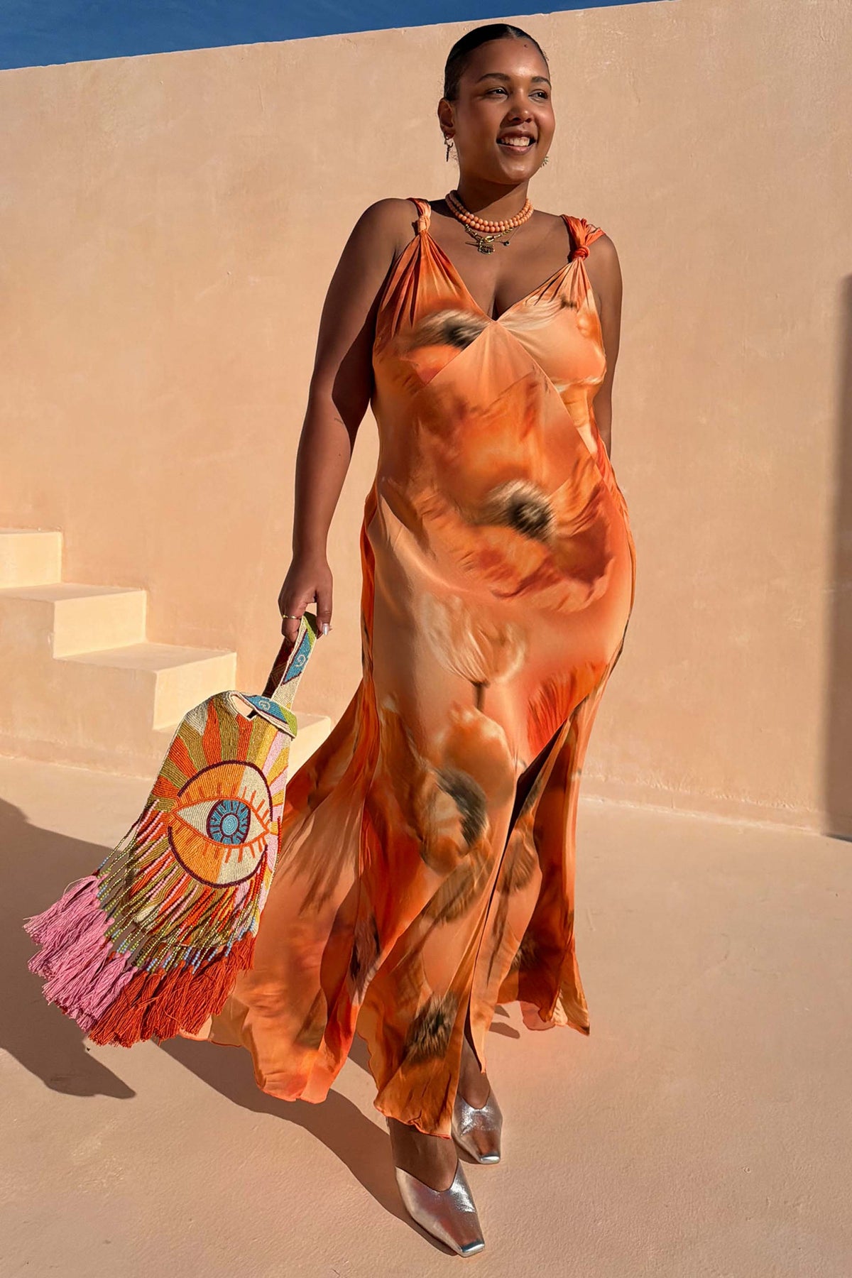Orange Floral Sleeveless Midi Dress