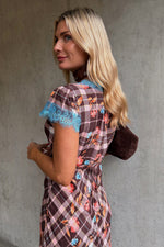 Brown Check Floral Dress
